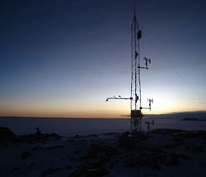 After a day’s work the antenna stands in front of the setting sun