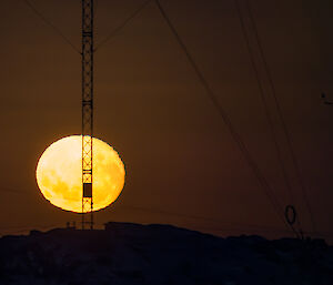 Large yellow full moon behind an antenna