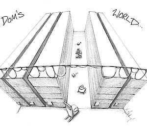 Cartoon illustration of a tidy aisles and a person standing in the middle of a warehouse