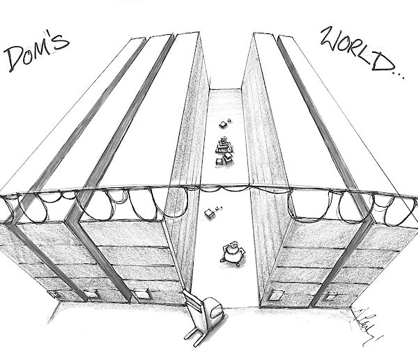 Cartoon illustration of a tidy aisles and a person standing in the middle of a warehouse