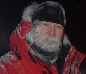Close up photo of expeditioner with frozen beard