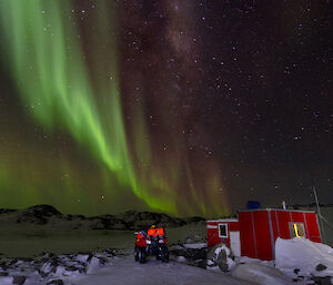 Bright green aurora above a red hut and two quad bikes