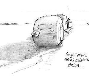 Cartoon illustration of a hagglunds towing a caravan