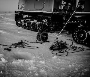 rope, tape measure, drill and probe on the sea ice