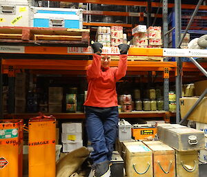Expeditioner standing on racking in the warehouse