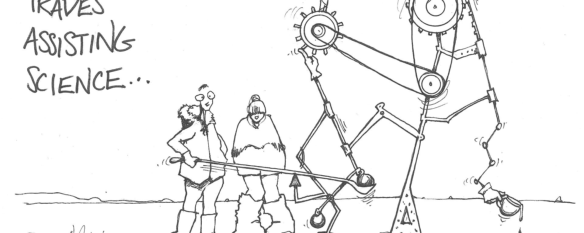 Cartoon illustration of two expeditioners standing next to a strange looking piece of equipment