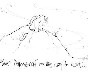 Cartoon illustration of a man walking through a mountain of snow