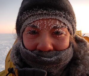 Close up photo of expeditioners ice covered face