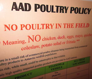 A sign saying no chicken products can be taken into the field