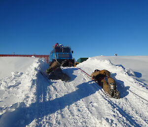 Two expeditioners lying on the icy ground