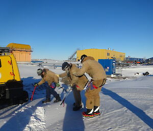 Three expeditioners blindfolded find shelter