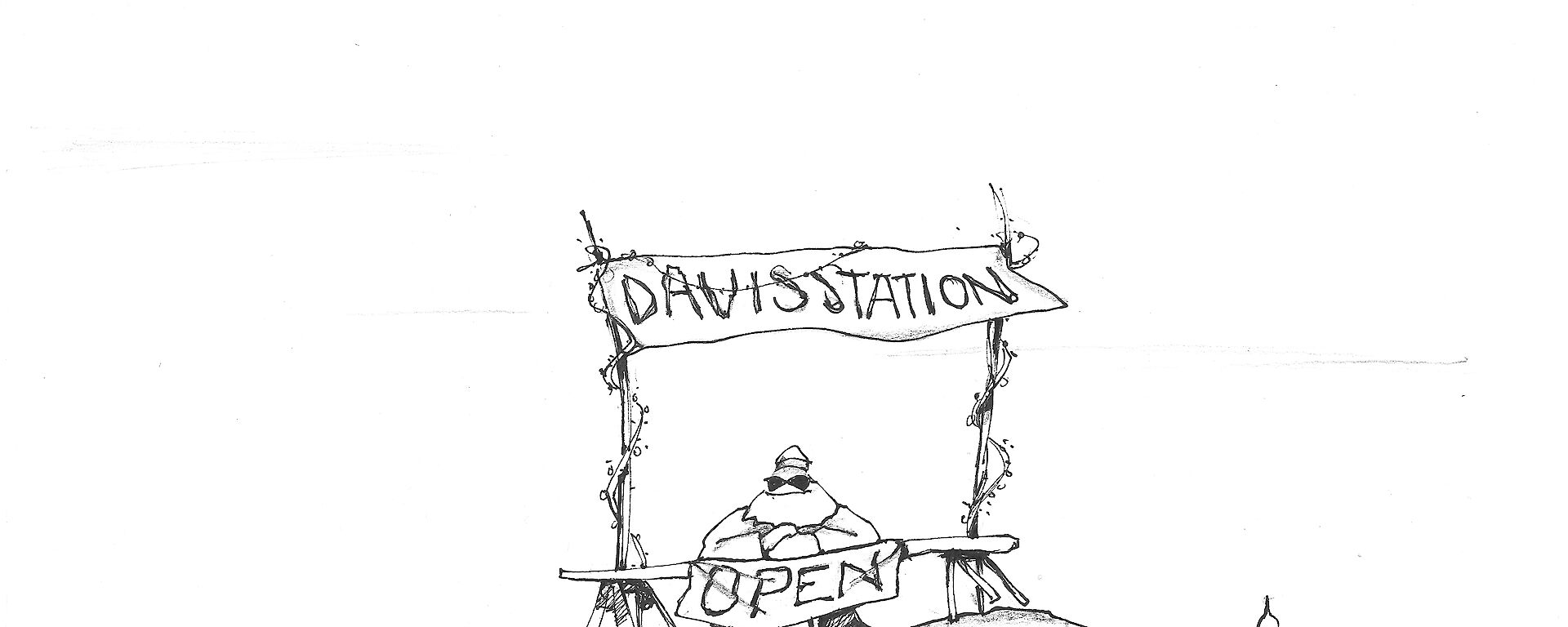 Cartoon illustration promoting the station is open for business with a ship in the background