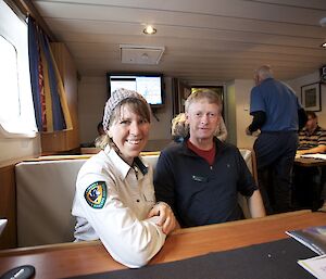 Claudia and the NZ Department of Conservation observer, Rob Wardle, on the Spirit of Enderby