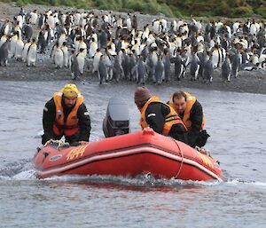 Leon and Dan launching the boat at Green Gorge, watched by penguins