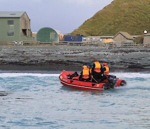 Expeditioners in rubber boat heading back towards station