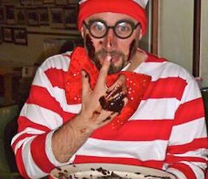 Wally got into the chocolate — person dressed as Wally from Where’s Wally