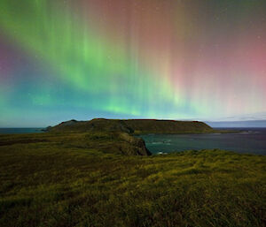 Down Island — land surrounded by water with green and red auroras in the sky