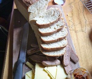 A great field hut lunch! — fresh bread, cheese, sausage and pesto