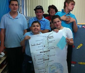 Five school students and their teacher hold a map of Macquarie Island.