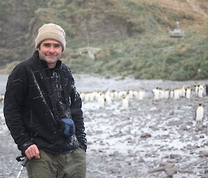Stu, some snow and king penguins
