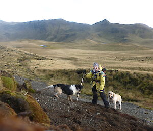 Karen posing with dogs on Macquarie Island