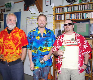 Three expeditioners in loud Hawaiian shirts