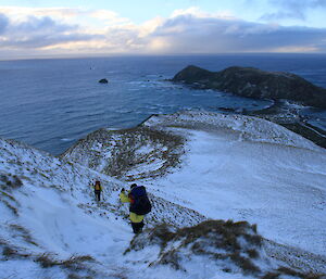 Narelle and Maria walking down Doctors Track with ocean on the left side of photo