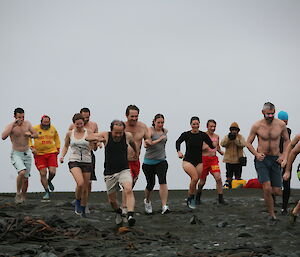 Swimmers run to the water at Macquarie Island for the 2012 Midwinter swim