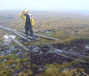 Jim working out how to lay the next section and keep his feet dry