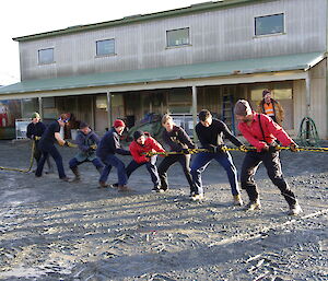 The Aussies during tug of war comp outside at Macca