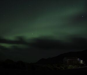 A green glow in the sky looking southeast from the Bureau of Met building over the Ozone Hut