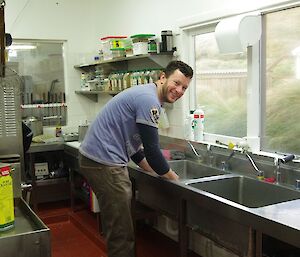 Richard washes up as part of his day on slushy duty (chef’s assistant)