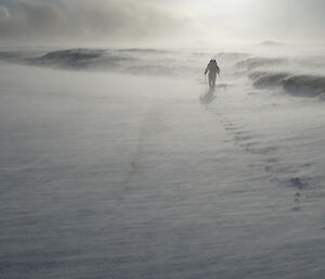 Expeditioner trekking in windy snowy conditions