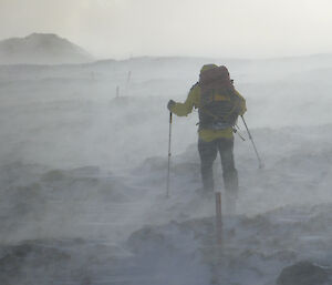 Expeditioner trekking in strong winds on ice plateau