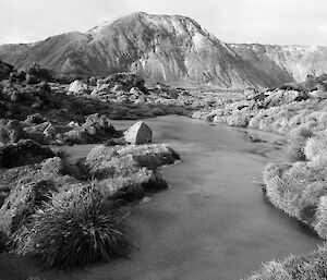 Black and white of lake and mountain