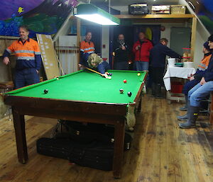 expeditioners playing a game of pool in the post office