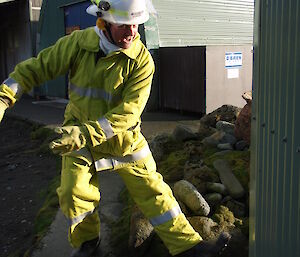 Expeditioner dressed in yellow suit