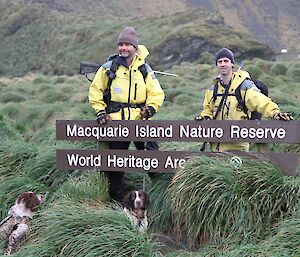Stu and Steve posing at Macquarie Island sign