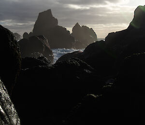 Rugged coastline on Macquarie Island with waves and jagged rocks