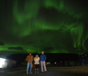 Stu, Mel and Mango pose at station with large green aurora australis above