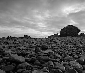 Black and white image of a rock-covered beach