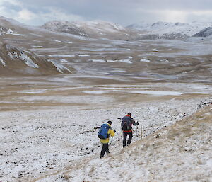 Cam and Kelly heading for Green Gorge with landscape snow and grass all around