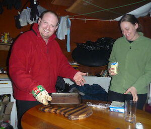 Matt with his special choc pudding, Dana looking on