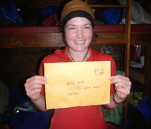Kelly with her letter from home