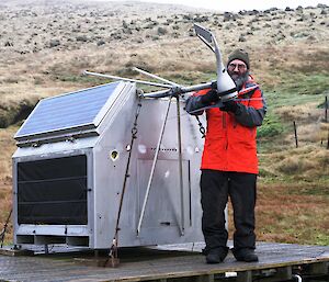 Sparky Ray repairing the wind turbine at Baurer Bay