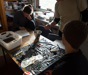 Lauren, Mango and Steve inspecting marine debris