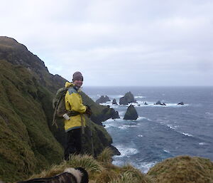 Stu at Macca, overlooking the water near a cliff