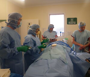 Mock operation, with the surgical team standing around the ‘patient'