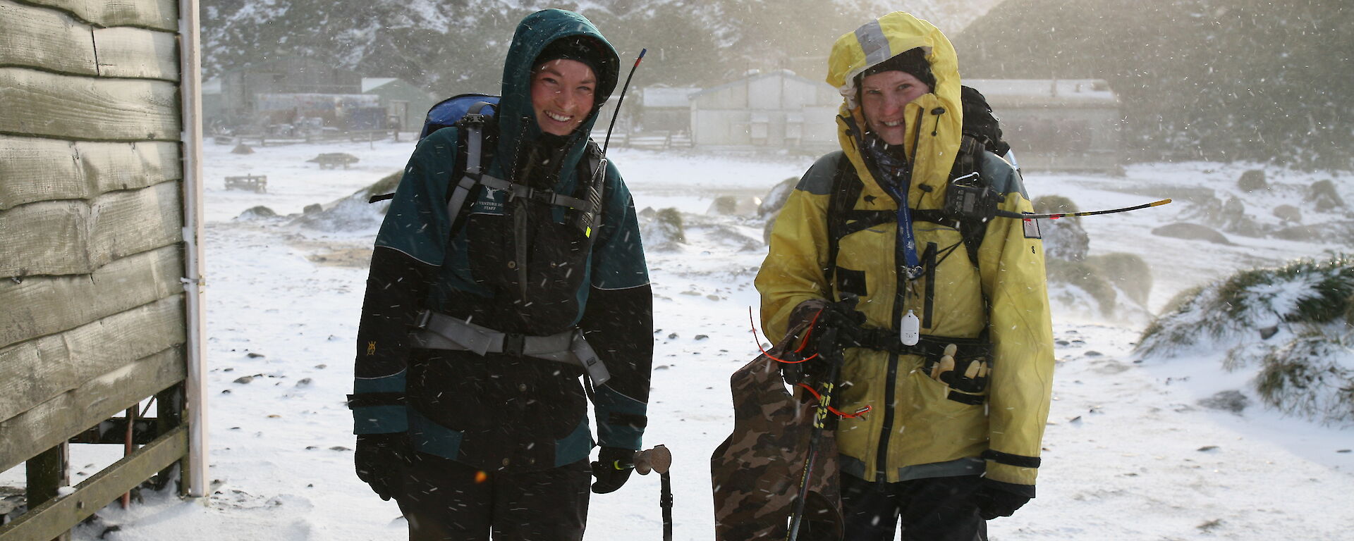 Kelly and Karen setting out on a miserable day