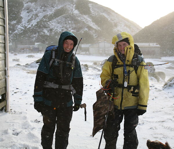 Kelly and Karen setting out on a miserable day